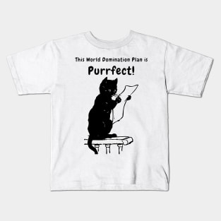 PURRFECT world domination plan - Funny Black Cat Puns Kids T-Shirt